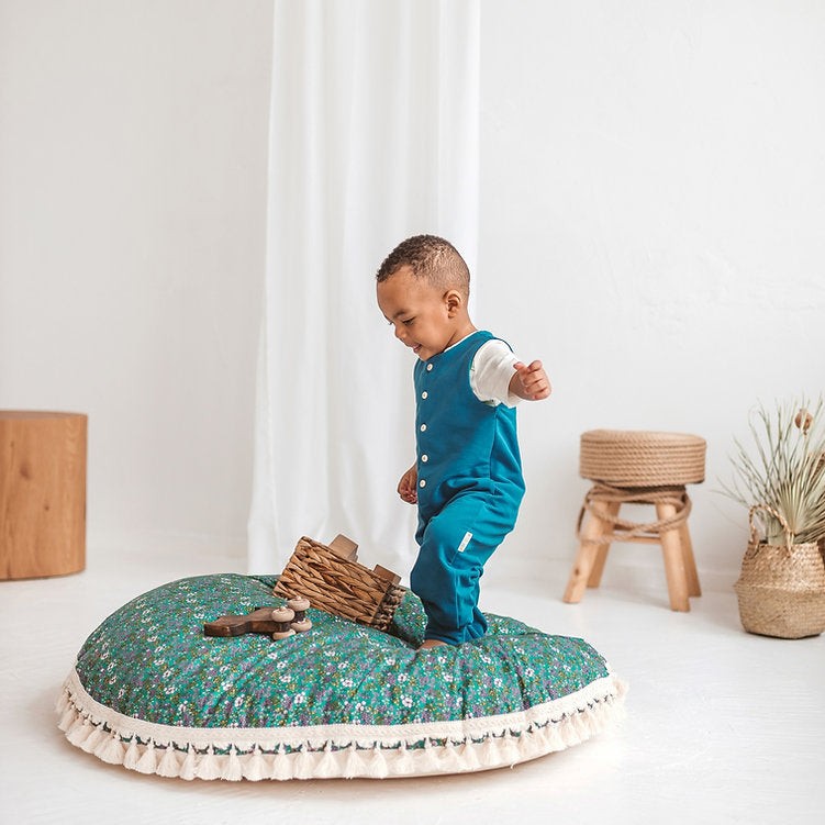 Large Kids Floor Cushion with Tassels – Green Floral, 100 cm