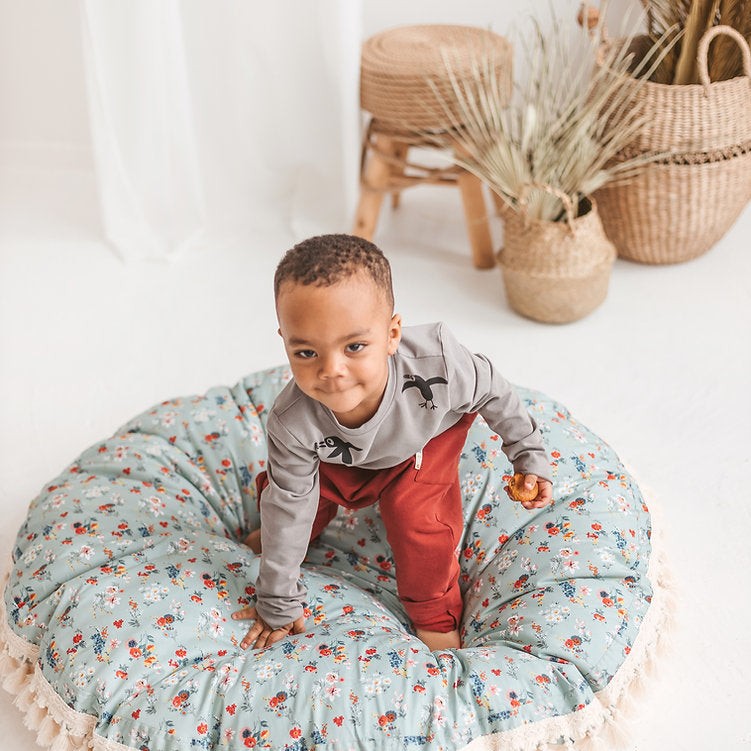 Large Kids Floor Cushion with Tassels – Mint Floral, 100 cm