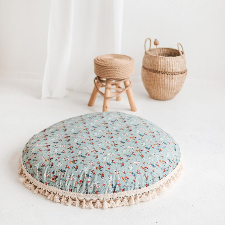 Large Kids Floor Cushion with Tassels – Mint Floral, 100 cm
