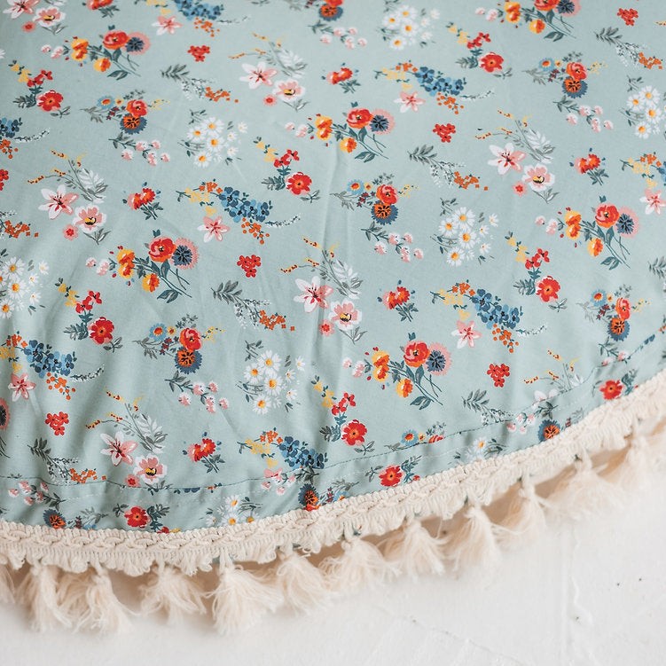 Large Kids Floor Cushion with Tassels – Mint Floral, 100 cm