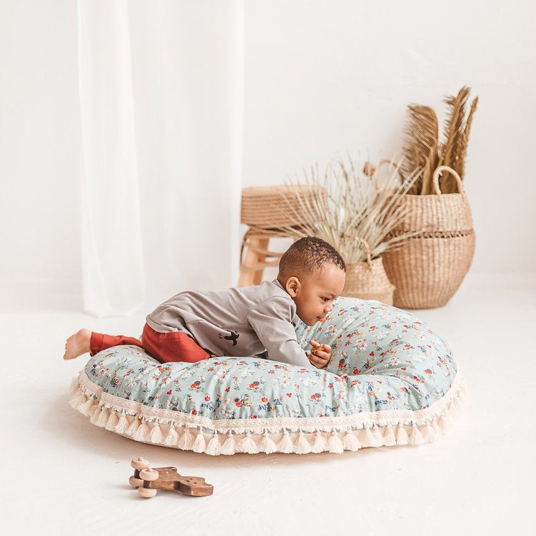 Large Kids Floor Cushion with Tassels – Mint Floral, 100 cm