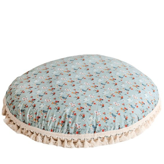Large Kids Floor Cushion with Tassels – Mint Floral, 100 cm