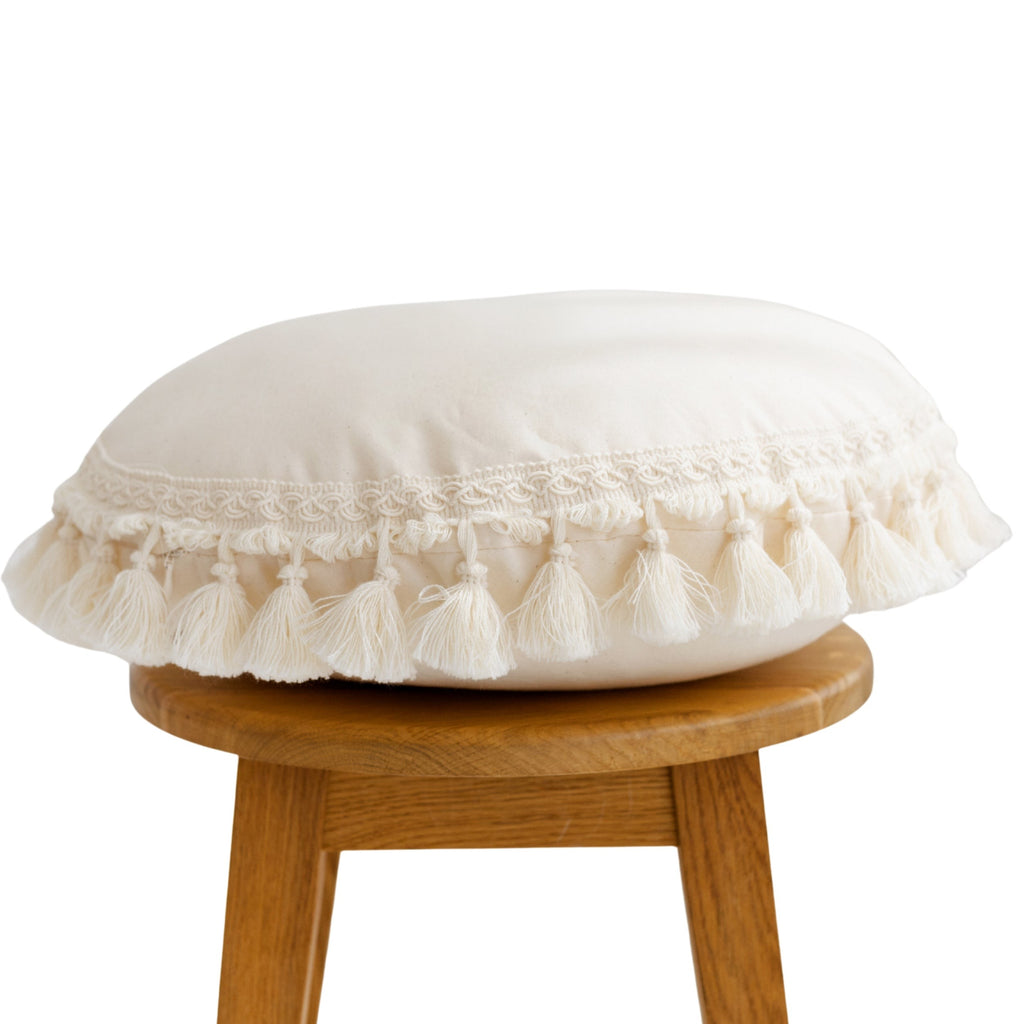 Round Cotton Cushion with Tassels – Ecru, 45 cm