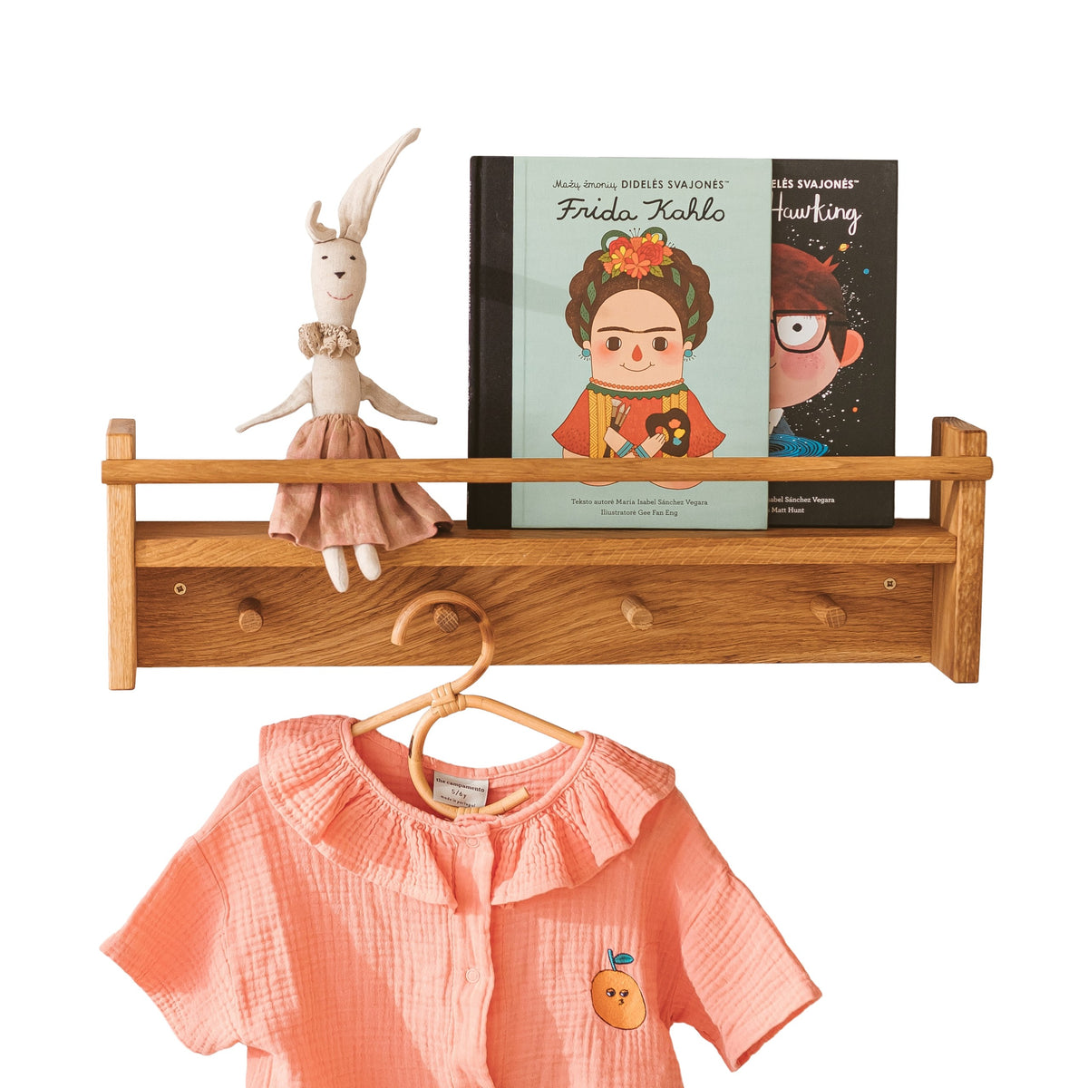 Solid Oak Kids Bookshelf with Rail and 4 Hooks – 58.5 cm