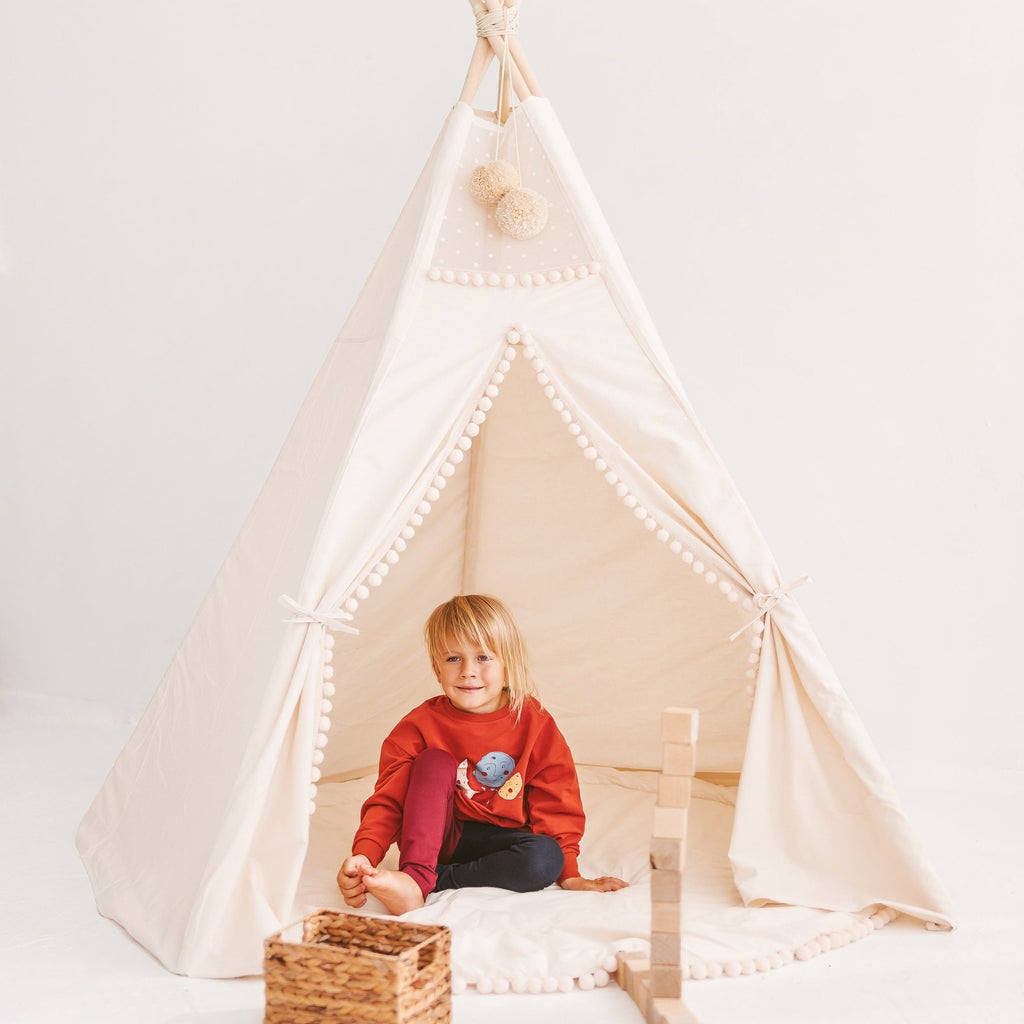 XL Indoor Teepee Tent with Pompoms – Ecru