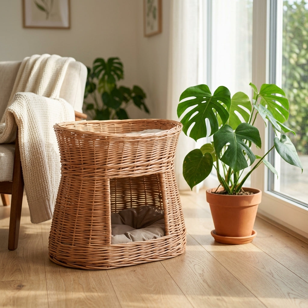 Two-tier wicker pet house — Cozy Living Room Lifestyle | Generated by Modelize