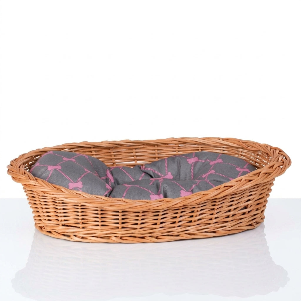 Enovia Hundebett aus Naturweide mit grau-rosa Kissen – 60 × 43 cm