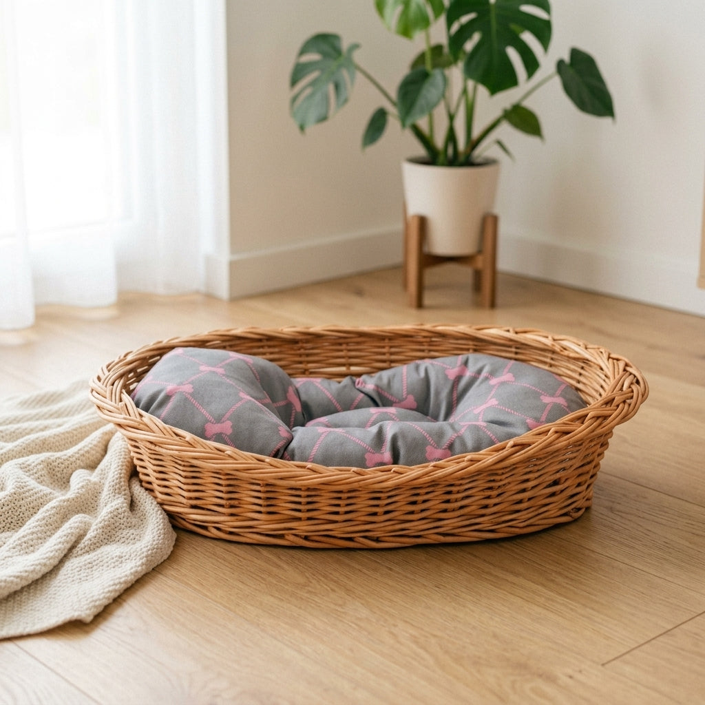 Enovia Hundebett aus Naturweide mit grau-rosa Kissen – 60 × 43 cm – Ansicht 2