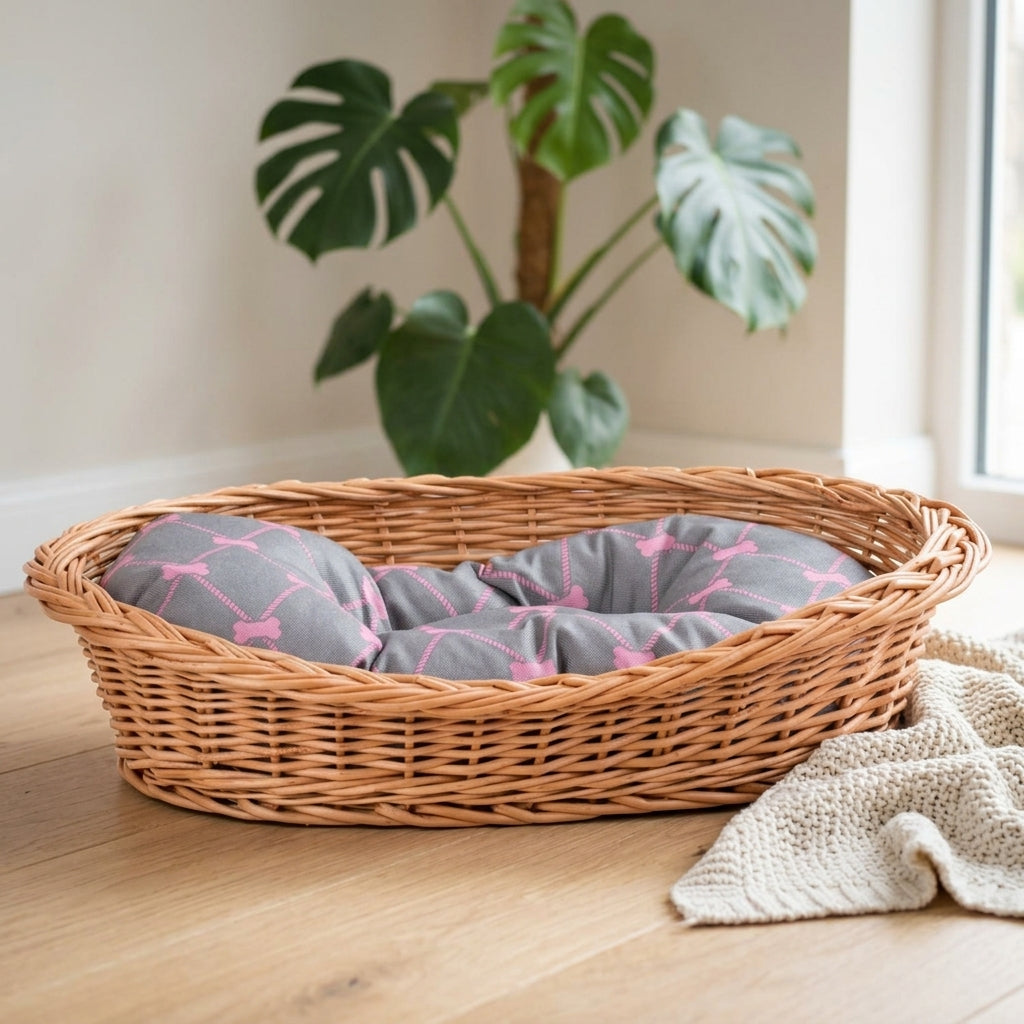 Enovia Hundebett aus Naturweide mit grau-rosa Kissen – 65 × 46 cm – Ansicht 2