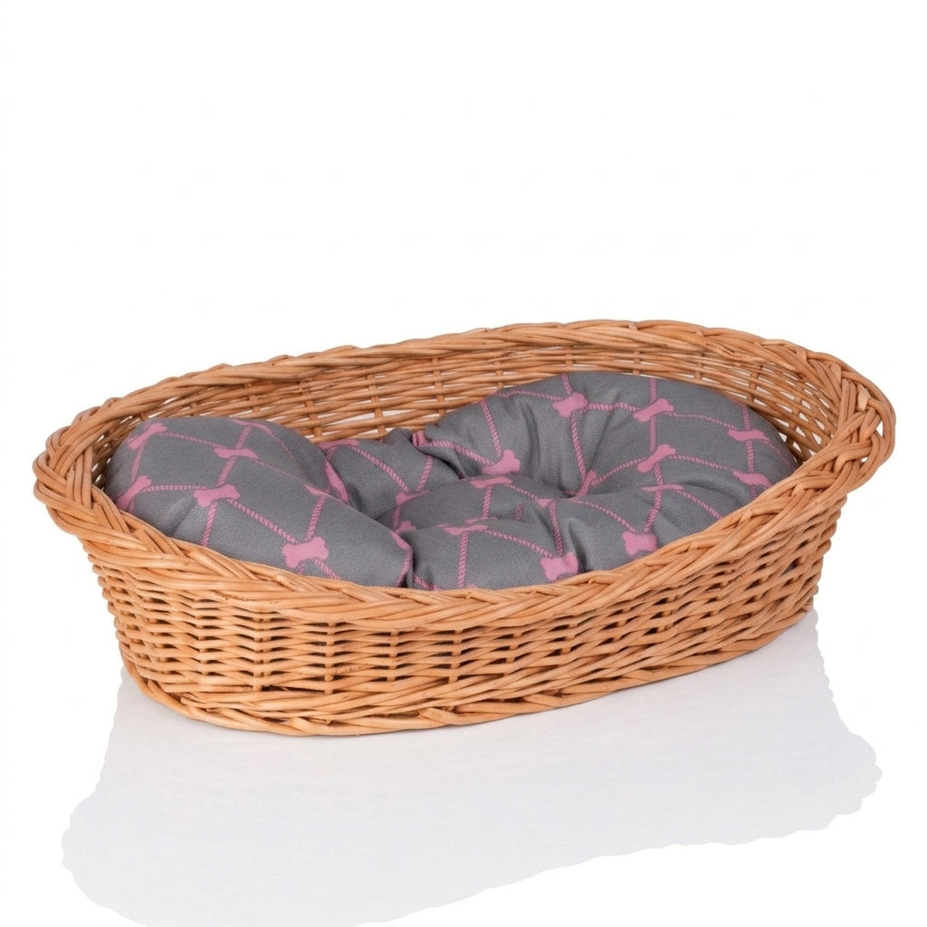 Enovia Hundebett aus Naturweide mit grau-rosa Kissen – 65 × 46 cm