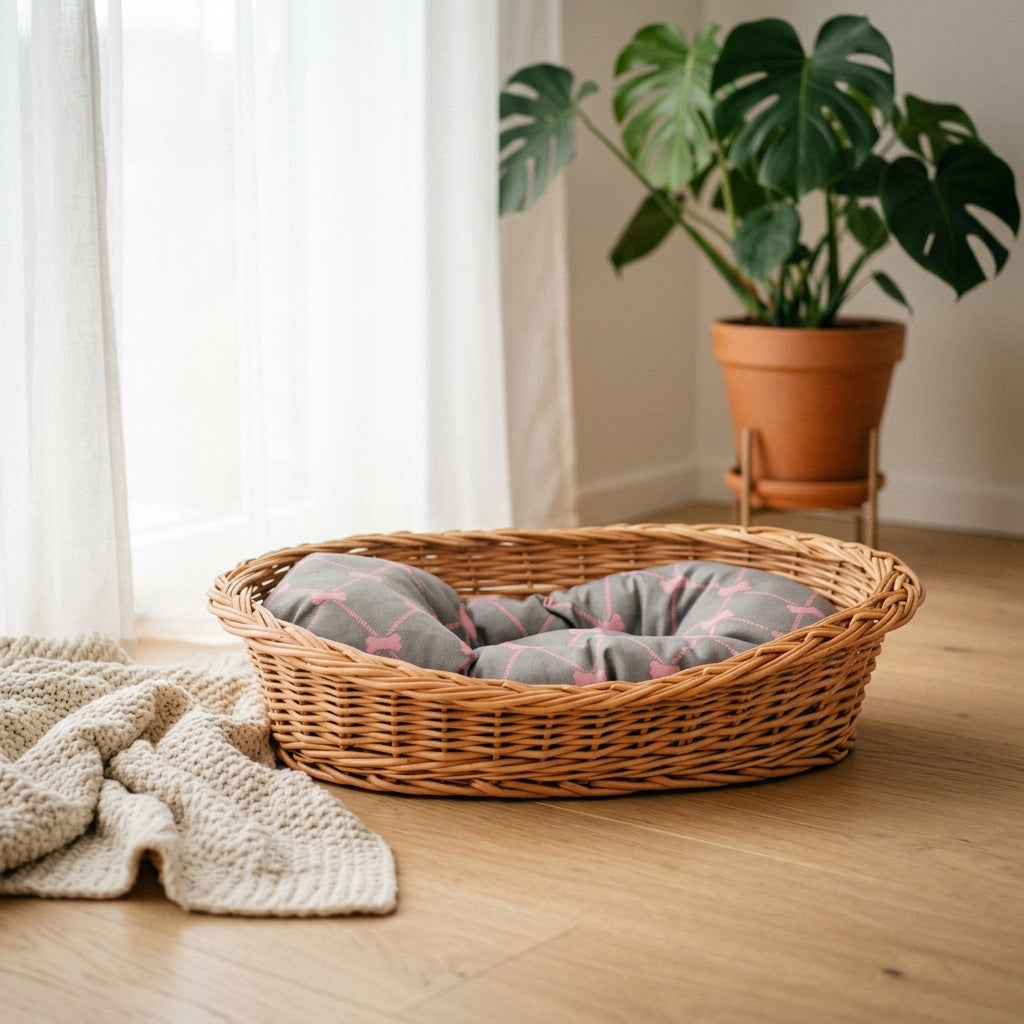 Enovia Hundebett aus Naturweide mit grau-rosa Kissen – 70 × 54 cm – Ansicht 2