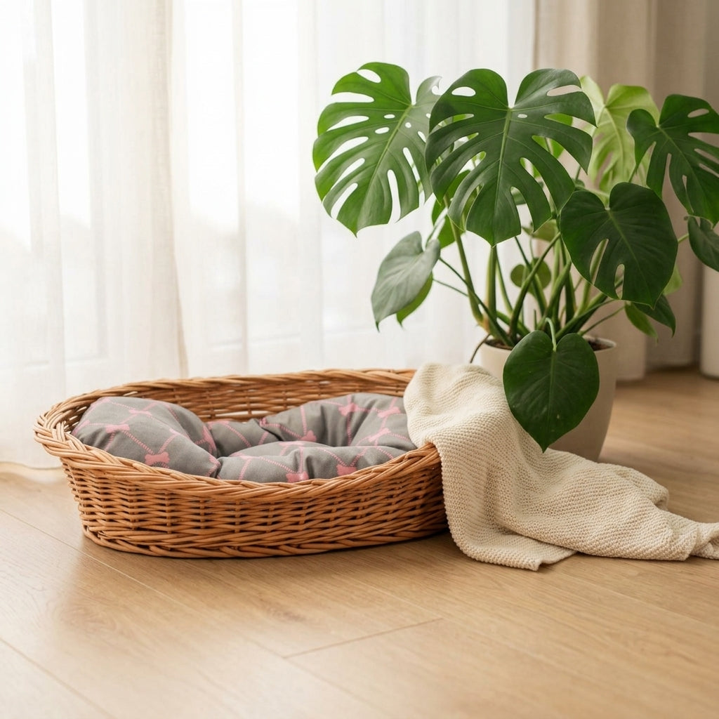Enovia Hundebett aus Naturweide mit grau-rosa Kissen – 75 × 57 cm – Ansicht 2