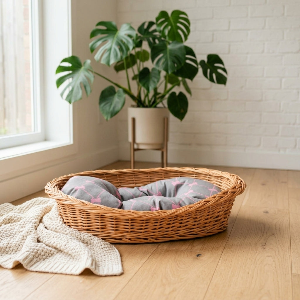 Enovia Hundebett aus Naturweide mit grau-rosa Kissen – 80 × 60 cm – Ansicht 2