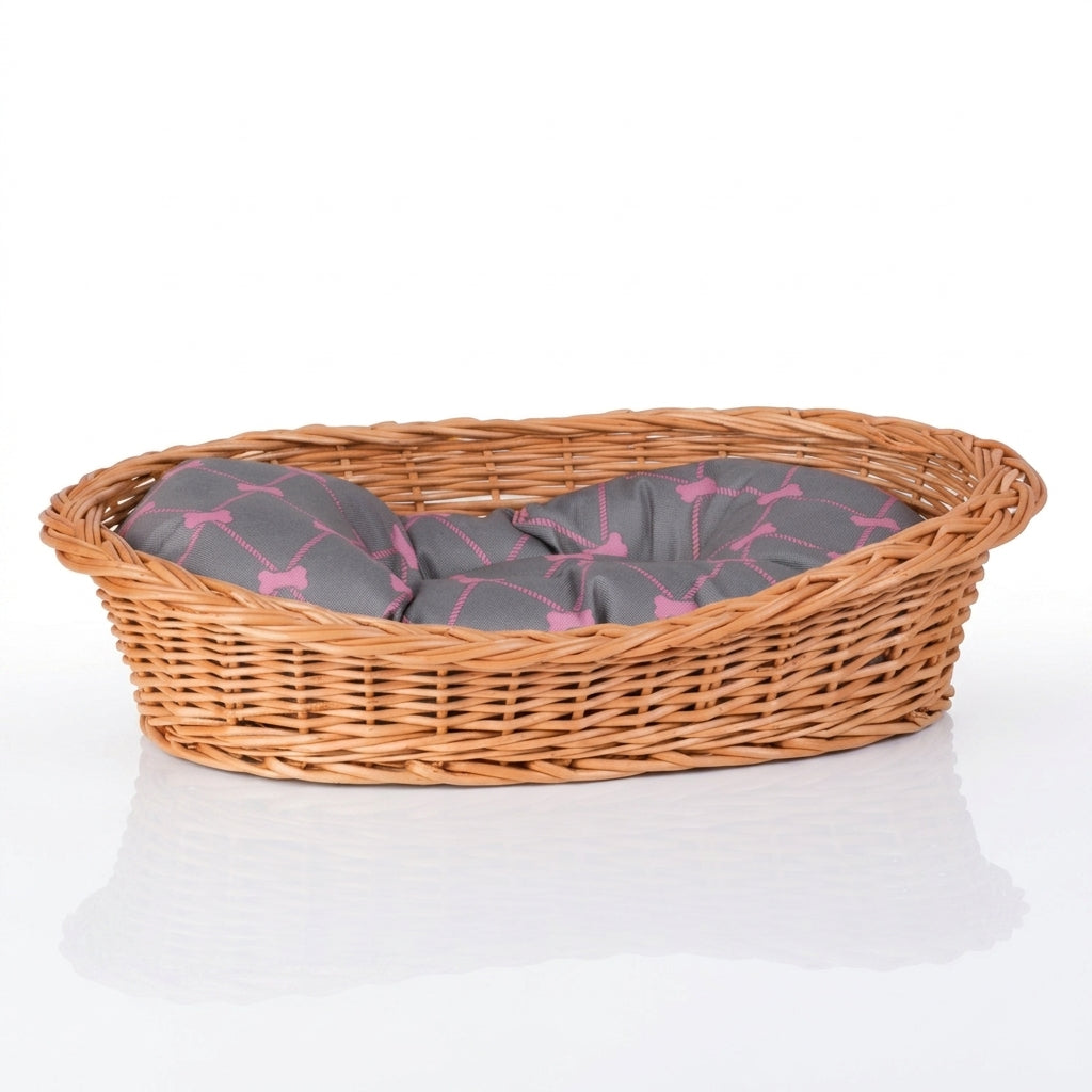 Enovia Hundebett aus Naturweide mit grau-rosa Kissen – 80 × 60 cm
