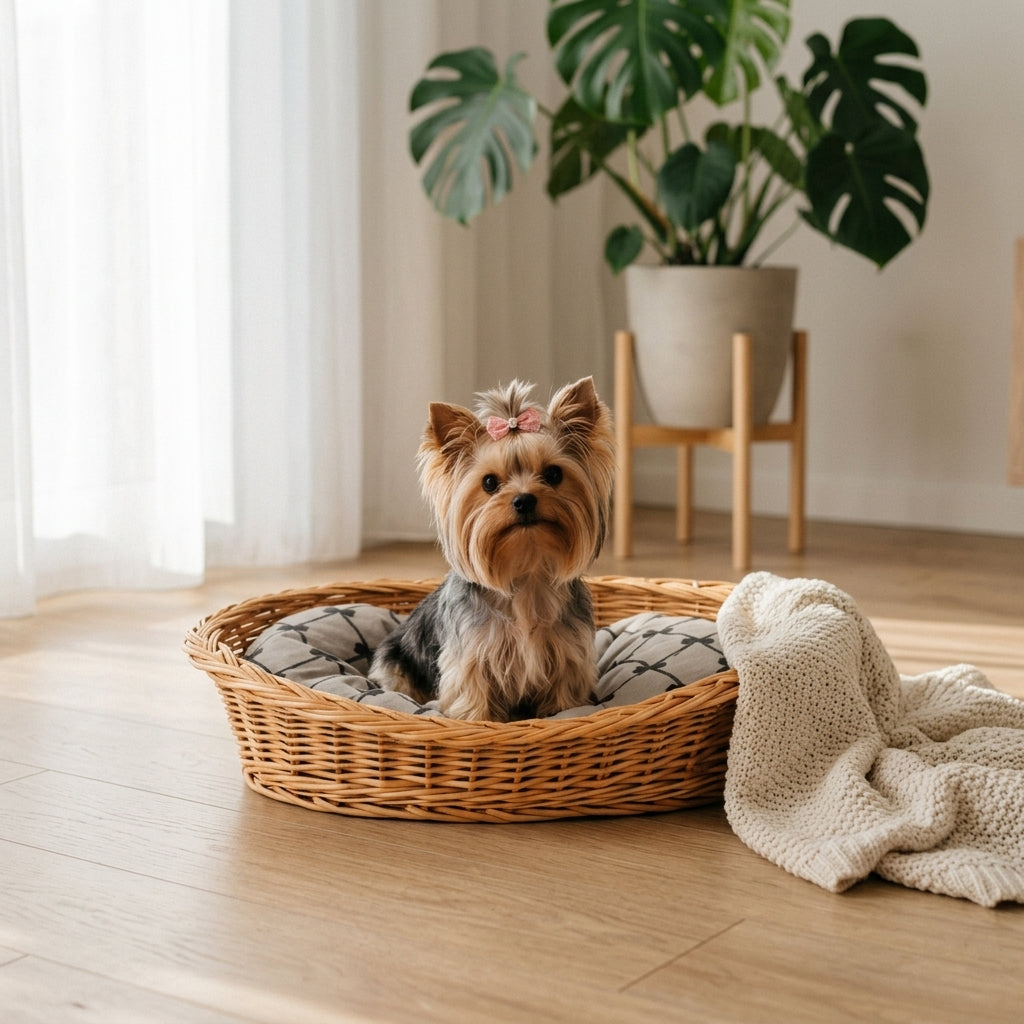 Enovia Hundebett aus Naturweide mit grauem Kissen – 60 × 43 cm – Ansicht 2