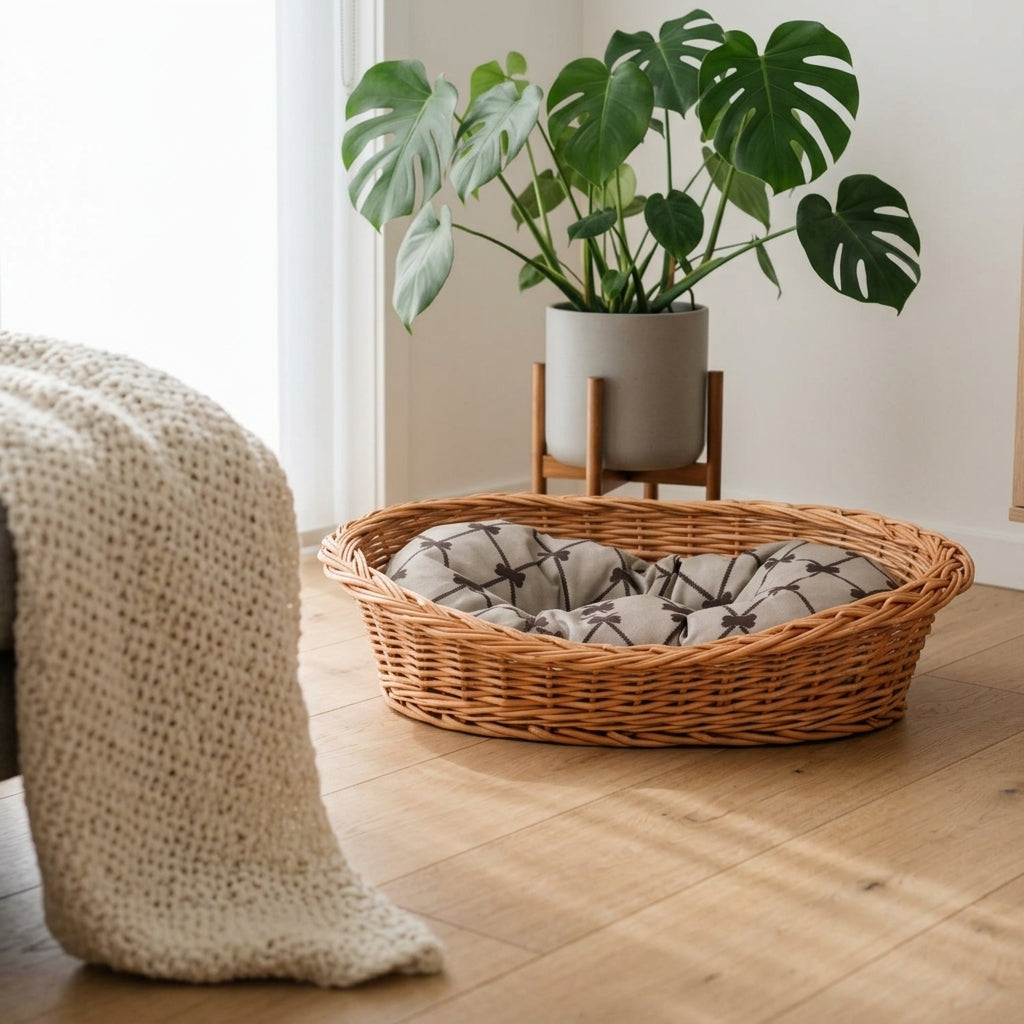 Enovia Hundebett aus Naturweide mit grauem Kissen – 65 × 46 cm – Ansicht 2