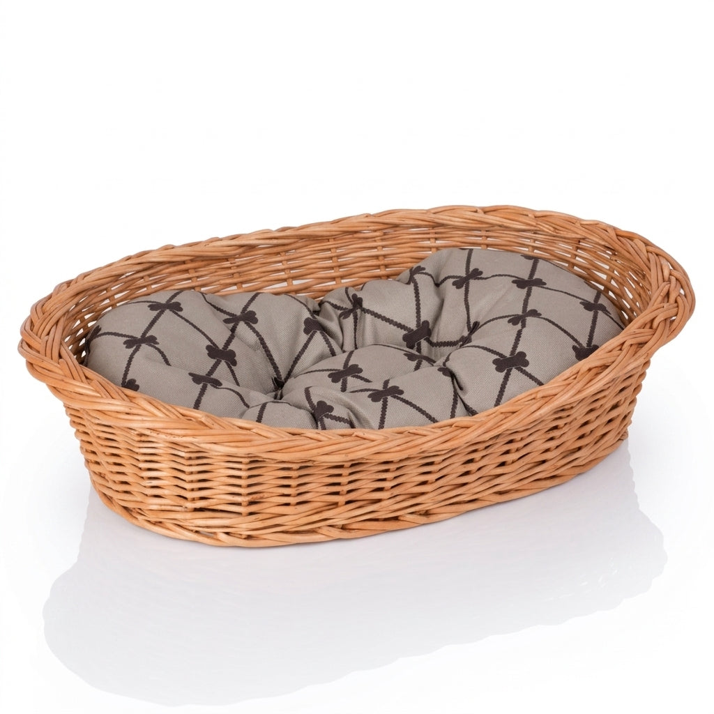 Enovia Hundebett aus Naturweide mit grauem Kissen – 65 × 46 cm