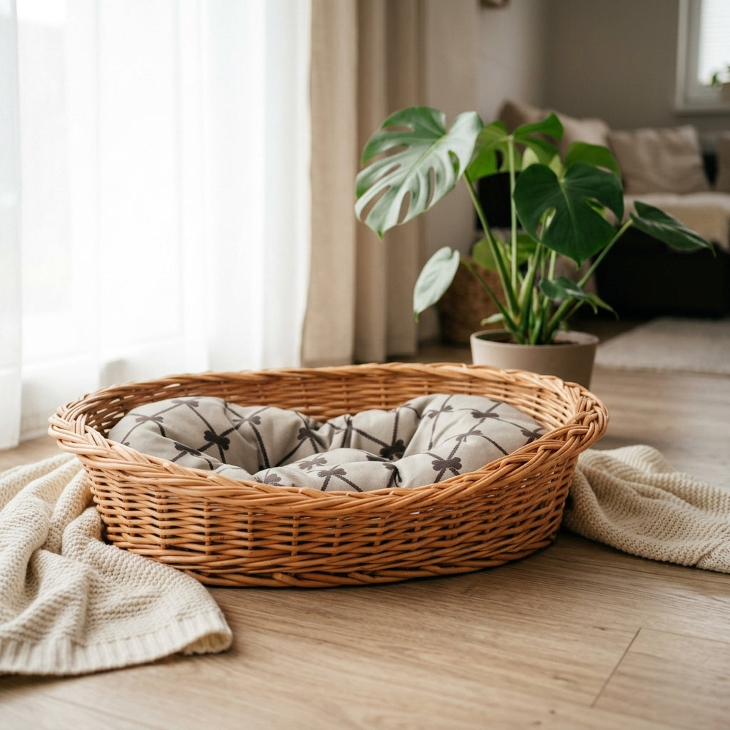 Enovia Hundebett aus Naturweide mit grauem Kissen – 70 × 54 cm – Ansicht 3