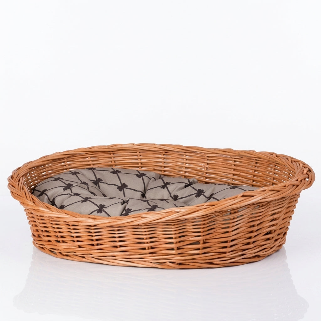 Enovia Hundebett aus Naturweide mit grauem Kissen – 75 × 57 cm