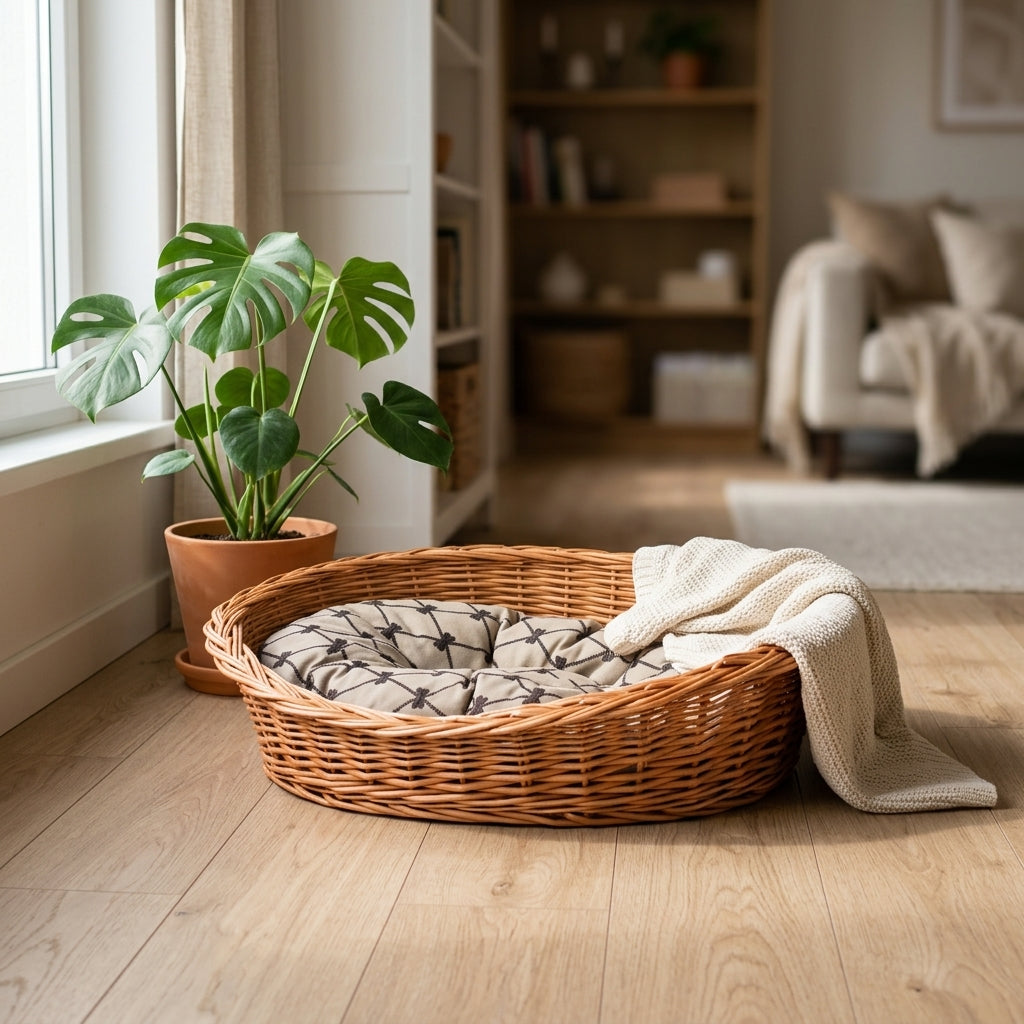 Enovia Hundebett aus Naturweide mit grauem Kissen – 75 × 57 cm – Ansicht 2