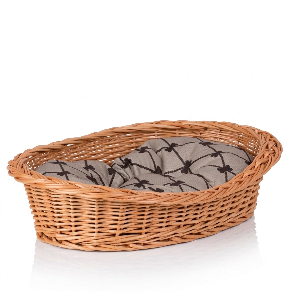 Enovia Hundebett aus Naturweide mit grauem Kissen – 80 × 60 cm
