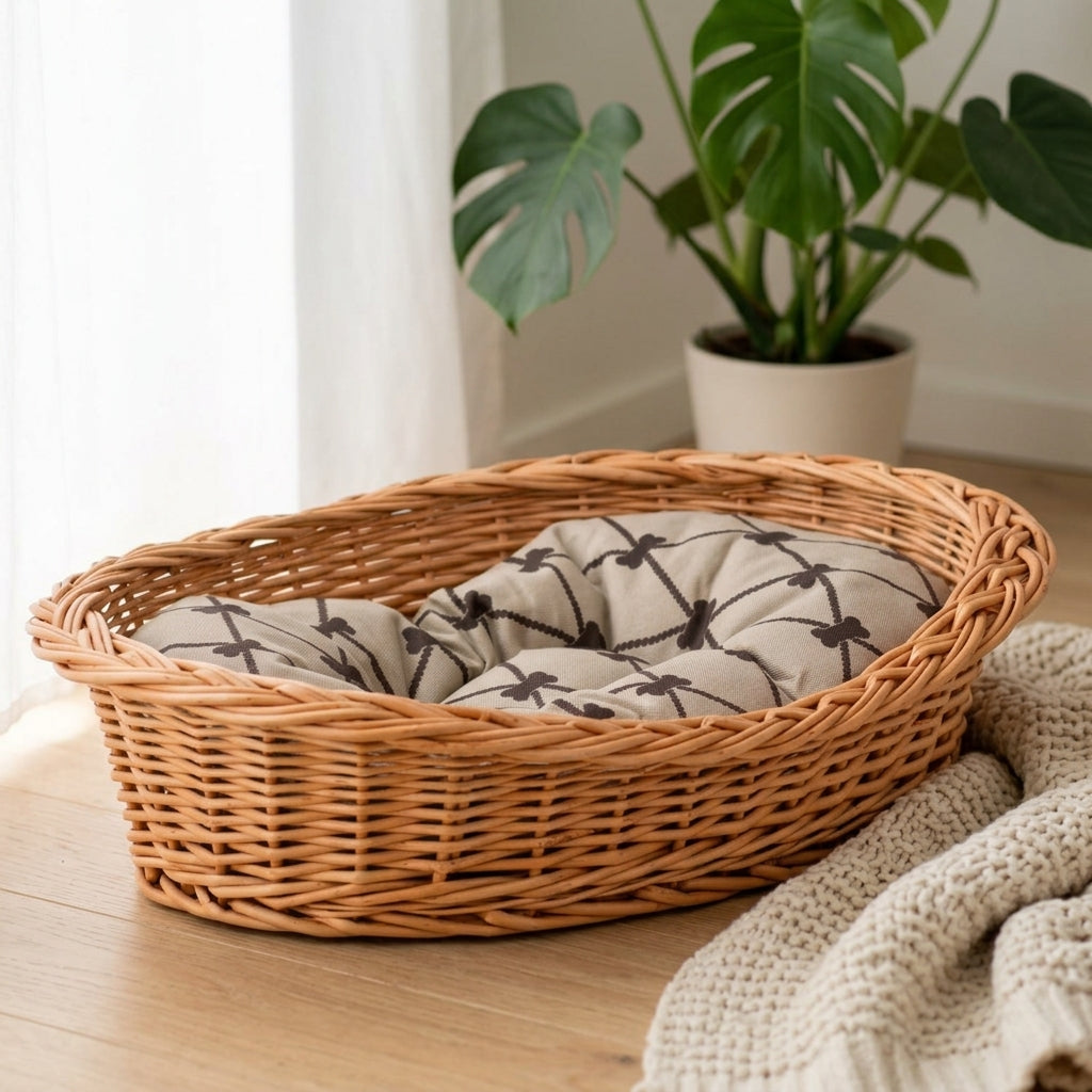 Enovia Hundebett aus Naturweide mit grauem Kissen – 80 × 60 cm – Ansicht 2