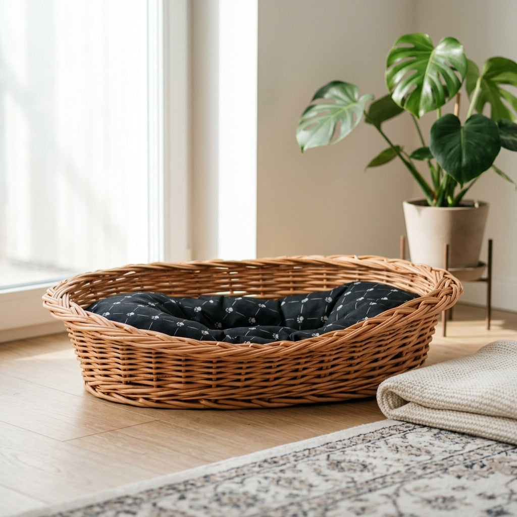 Enovia Hundebett aus Naturweide mit schwarzem Kissen – 60 × 43 cm – Ansicht 2