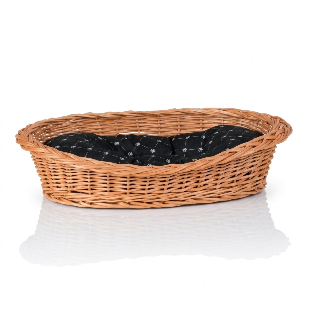 Enovia Hundebett aus Naturweide mit schwarzem Kissen – 60 × 43 cm