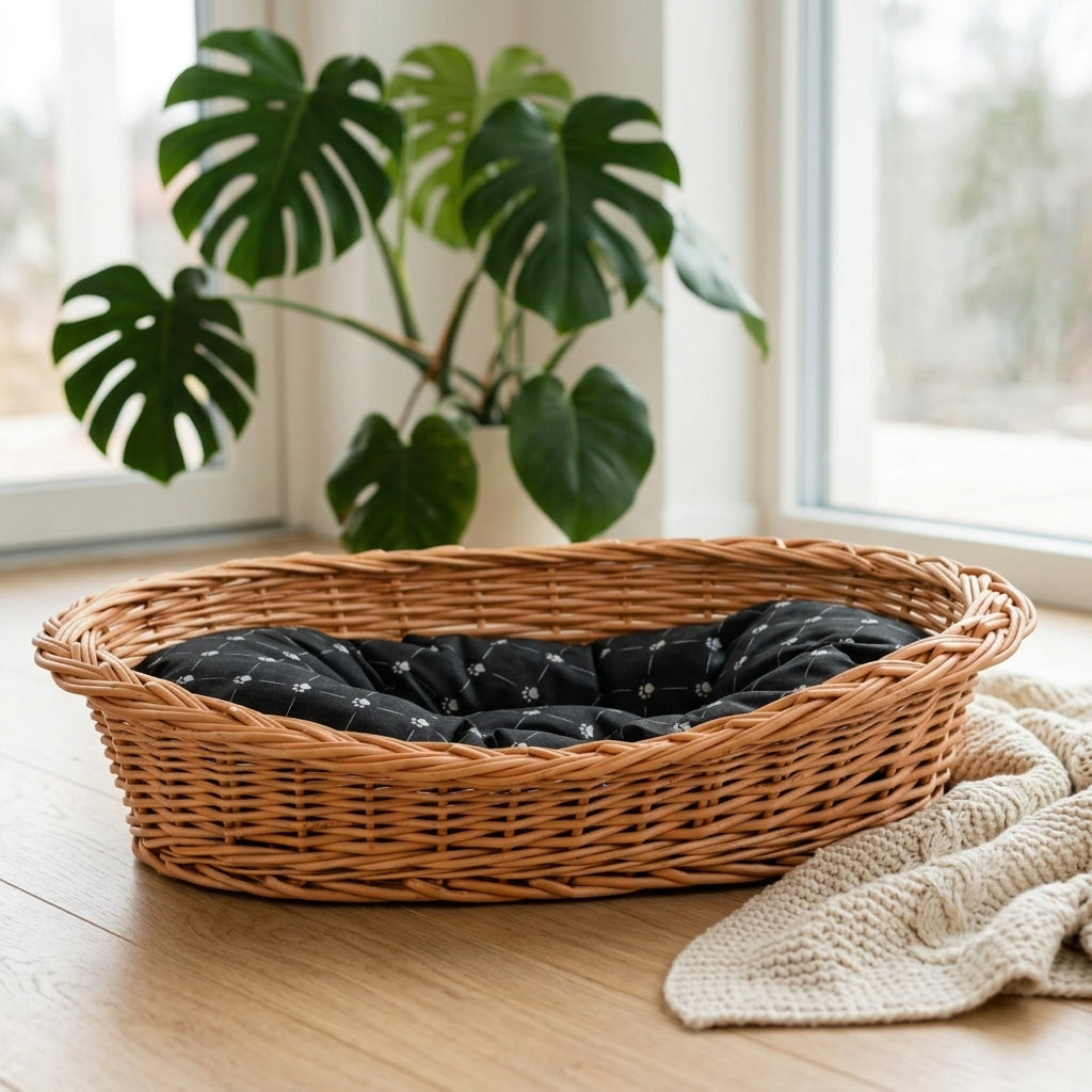 Enovia Hundebett aus Naturweide mit schwarzem Kissen – 65 × 46 cm – Ansicht 2