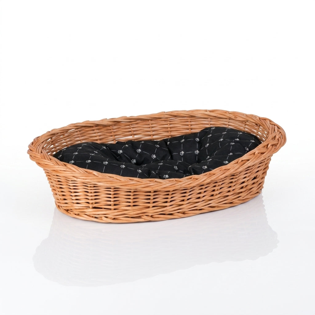 Enovia Hundebett aus Naturweide mit schwarzem Kissen – 65 × 46 cm