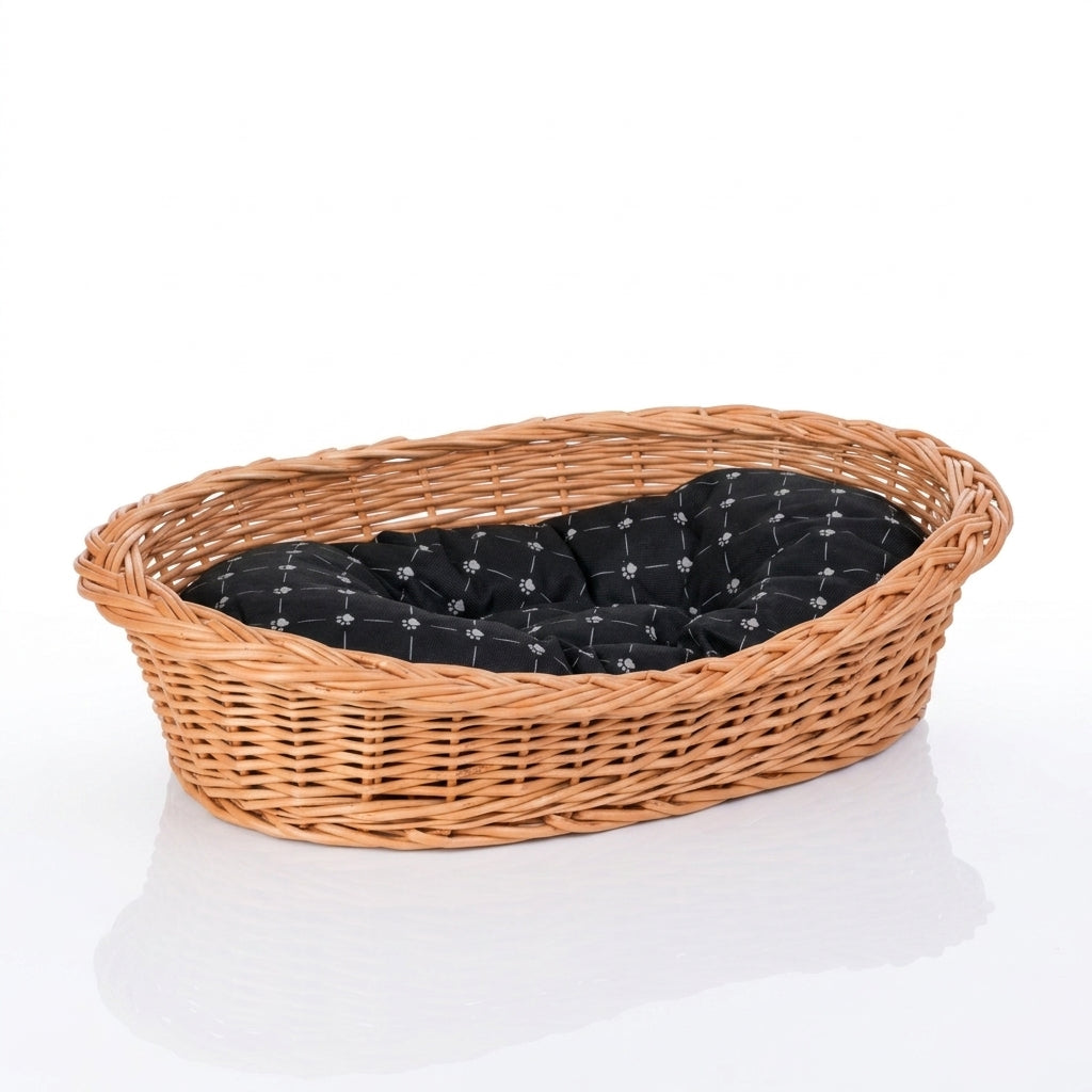 Enovia Hundebett aus Naturweide mit schwarzem Kissen – 70 × 54 cm