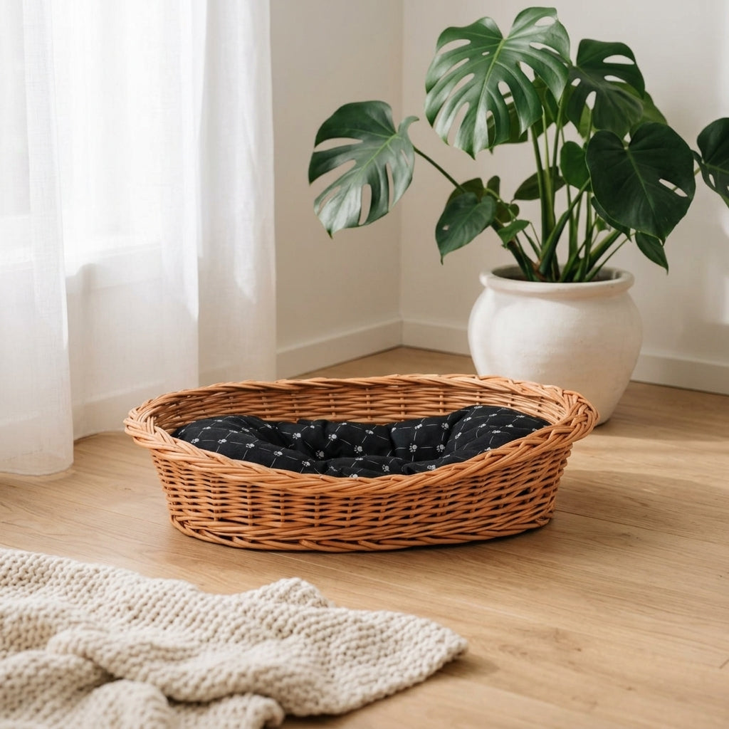 Enovia Hundebett aus Naturweide mit schwarzem Kissen – 70 × 54 cm – Ansicht 11