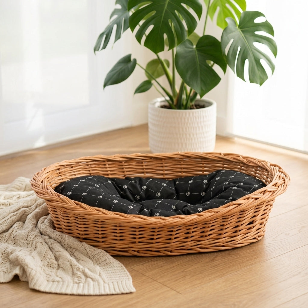 Enovia Hundebett aus Naturweide mit schwarzem Kissen – 75 × 57 cm – Ansicht 2