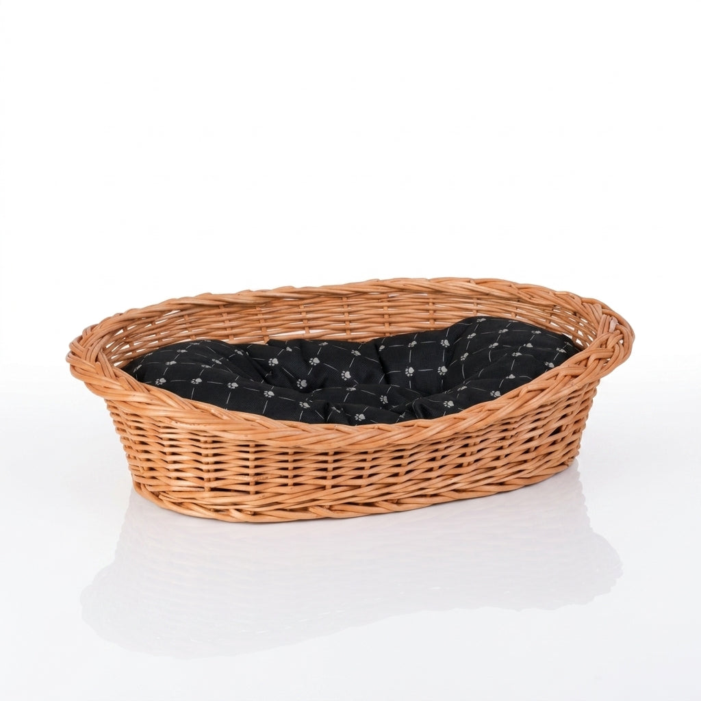 Enovia Hundebett aus Naturweide mit schwarzem Kissen – 75 × 57 cm