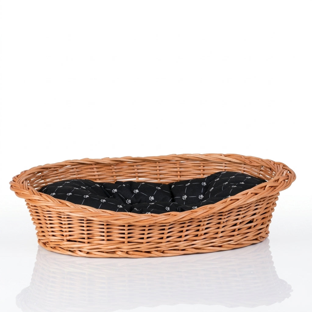 Enovia Hundebett aus Naturweide mit schwarzem Kissen – 80 × 60 cm