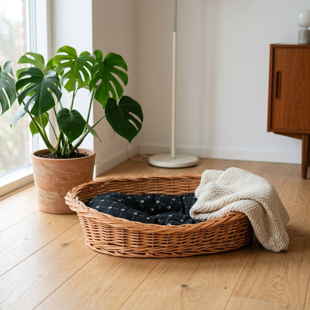 Enovia Hundebett aus Naturweide mit schwarzem Kissen – 80 × 60 cm – Ansicht 2