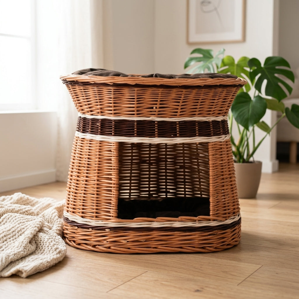 Two-tier wicker pet house — Cozy Living Room Lifestyle | Generated by Modelize