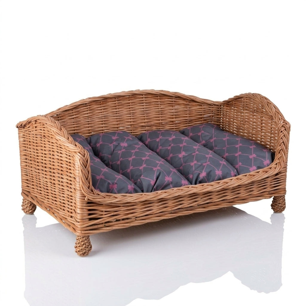 Erivia Haustierbett aus Naturweide mit grau-rosa Kissen – 74 × 52 cm