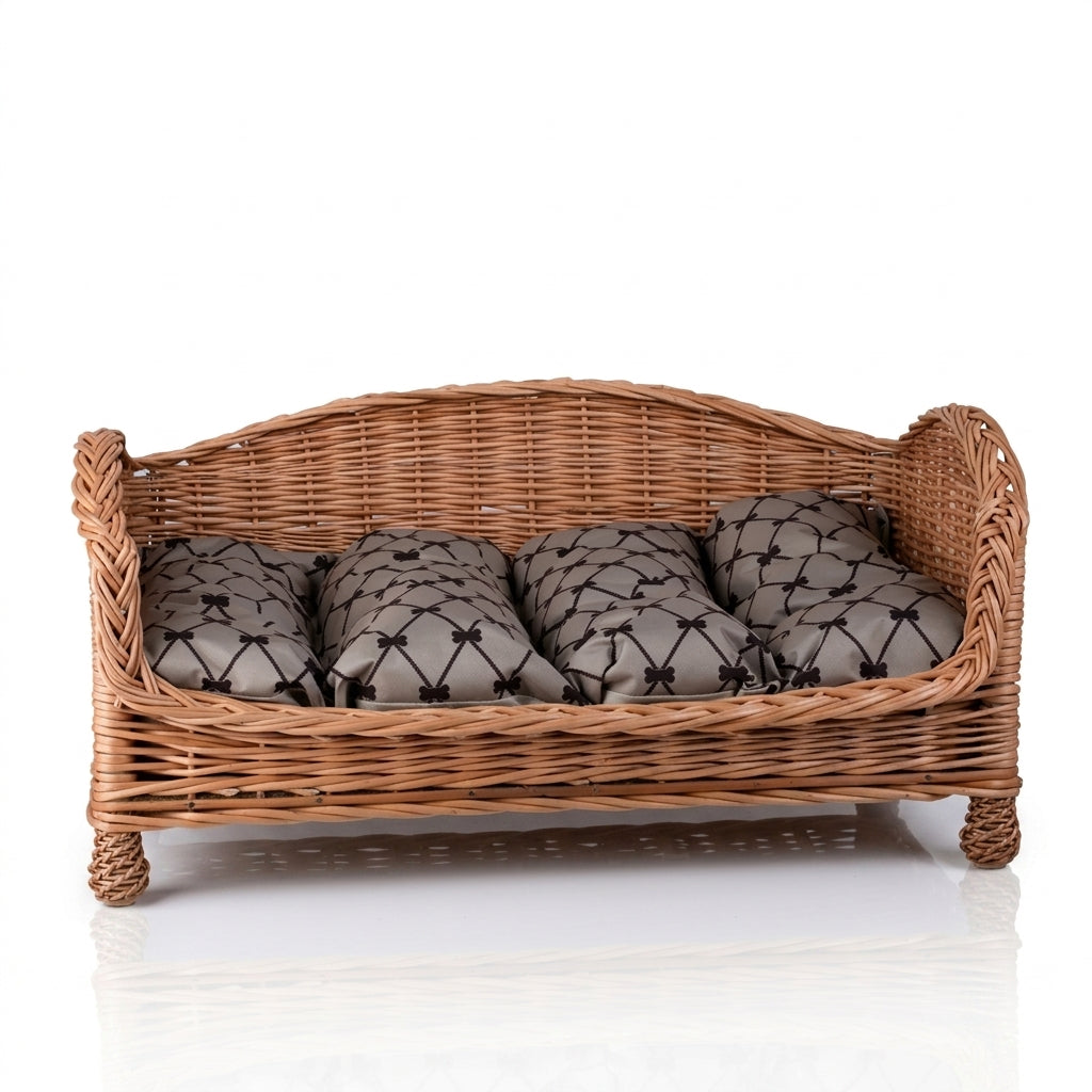 Erivia Haustierbett aus Naturweide mit grau-schwarzem Kissen – 74 × 52 cm
