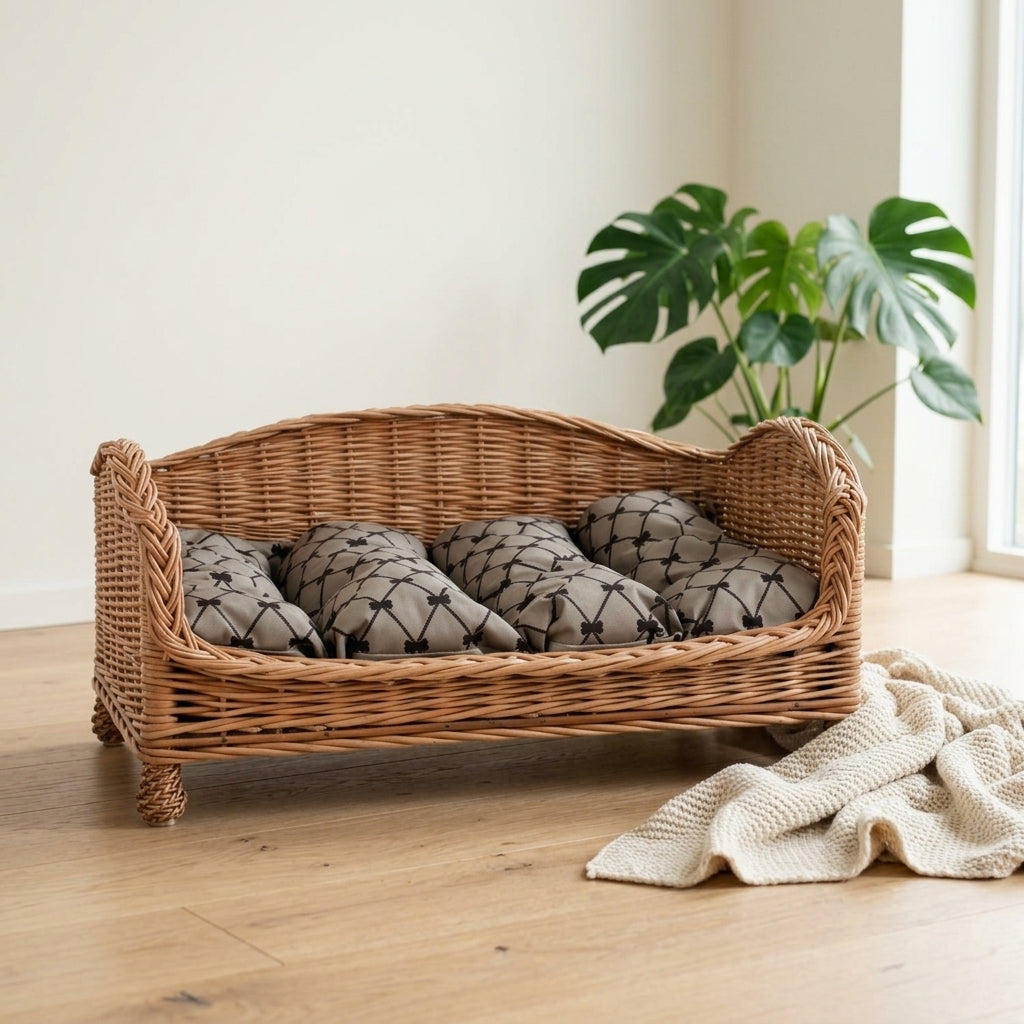 Erivia Haustierbett aus Naturweide mit grau-schwarzem Kissen – 74 × 52 cm – Ansicht 2