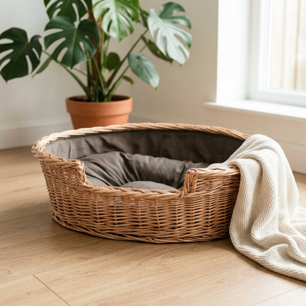 Esmira Haustierbett aus Naturweide mit braun gepunktetem Kissen – 75 × 57 cm – Ansicht 2