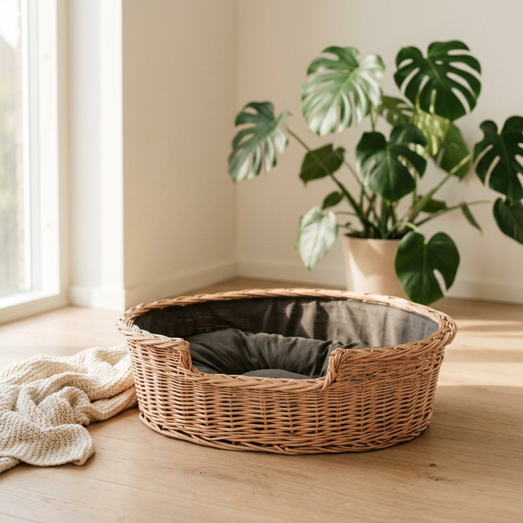 Esmira Haustierbett aus Naturweide mit braun gepunktetem Kissen – 85 × 67 cm – Ansicht 2