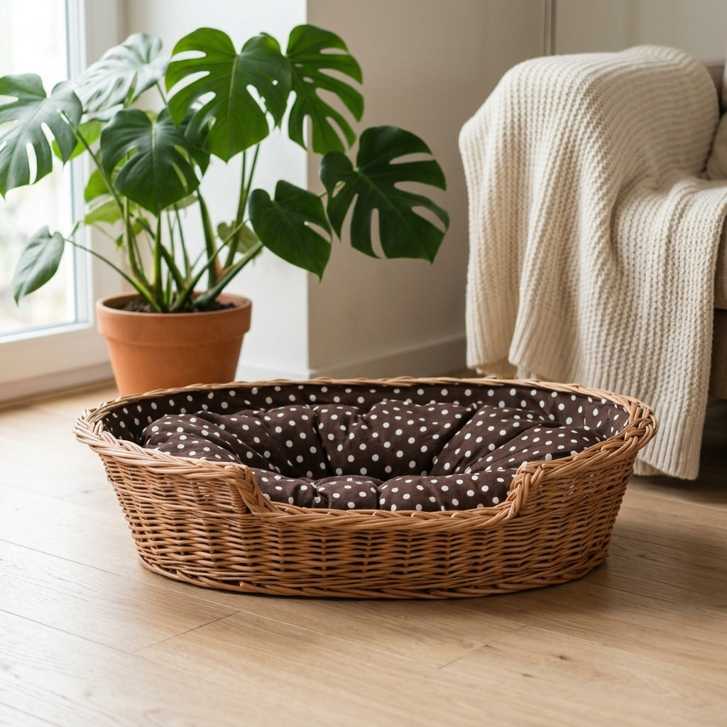 Esmira Hundebett aus Naturweide mit gepunktetem Kissen – 65 × 43 cm – Ansicht 2