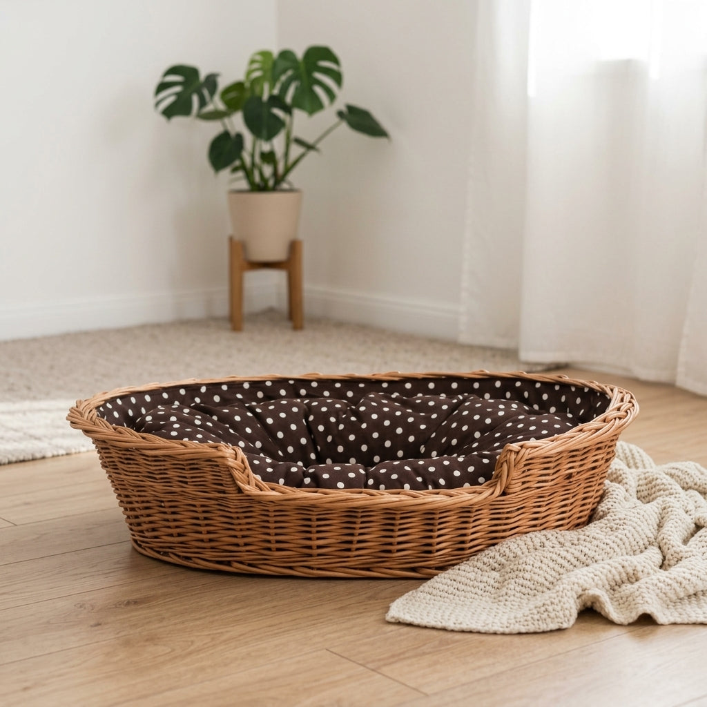 Esmira Hundebett aus Naturweide mit gepunktetem Kissen – 75 × 57 cm – Ansicht 2