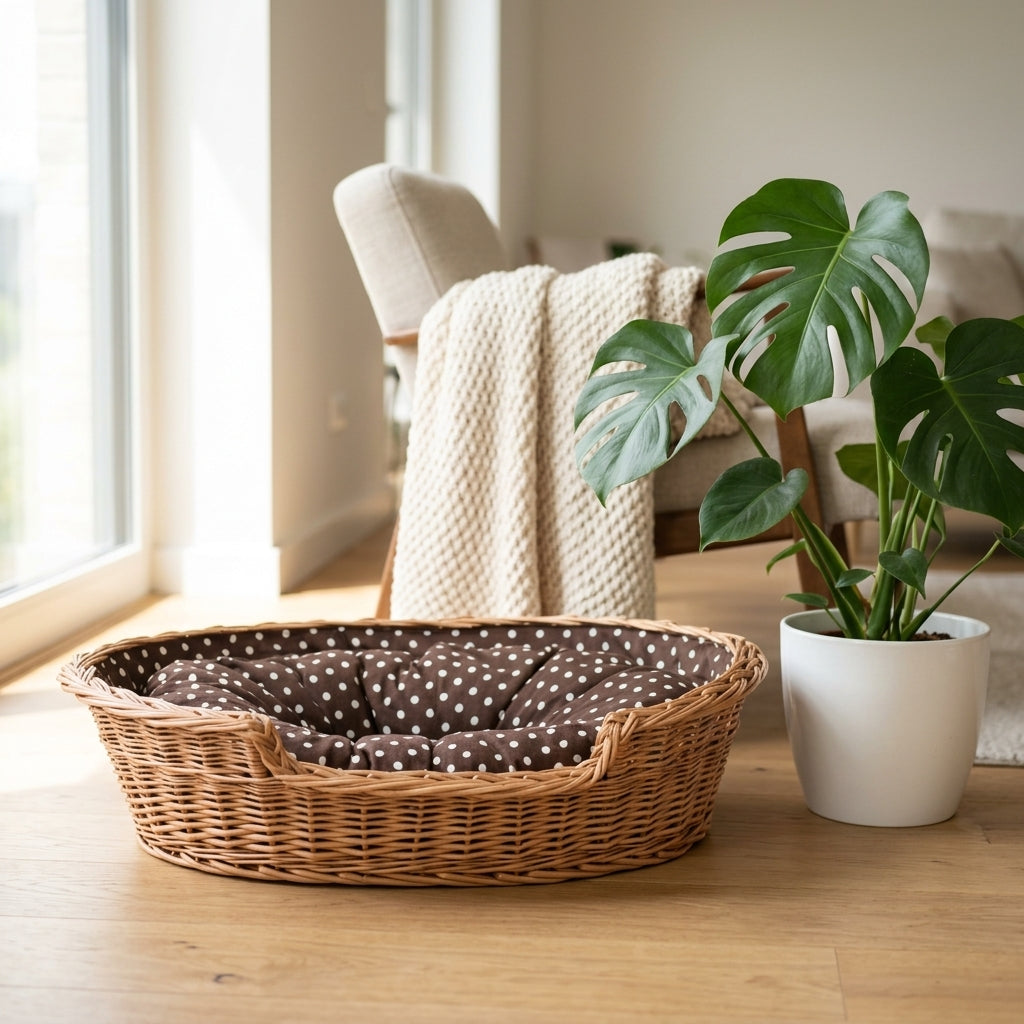 Esmira Hundebett aus Naturweide mit gepunktetem Kissen – 85 × 67 cm – Ansicht 2