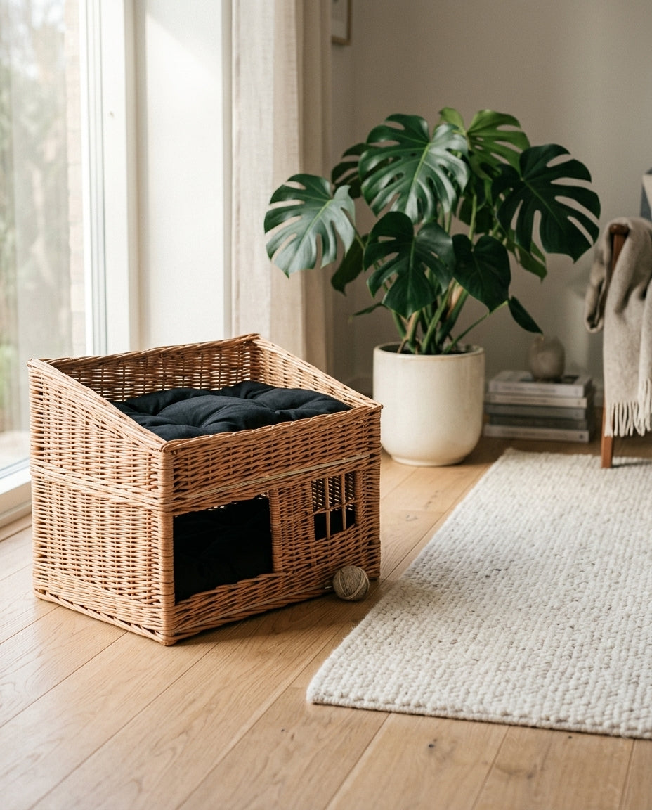 Two-tier wicker cat house — cozy_lifestyle_corner | Generated by Modelize