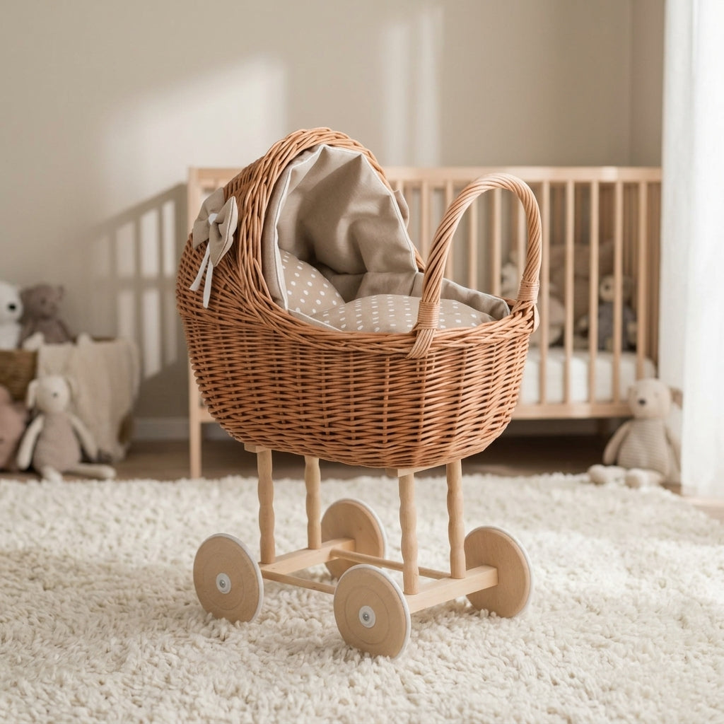 Wicker doll stroller — Cozy Nursery Lifestyle | Generated by Modelize