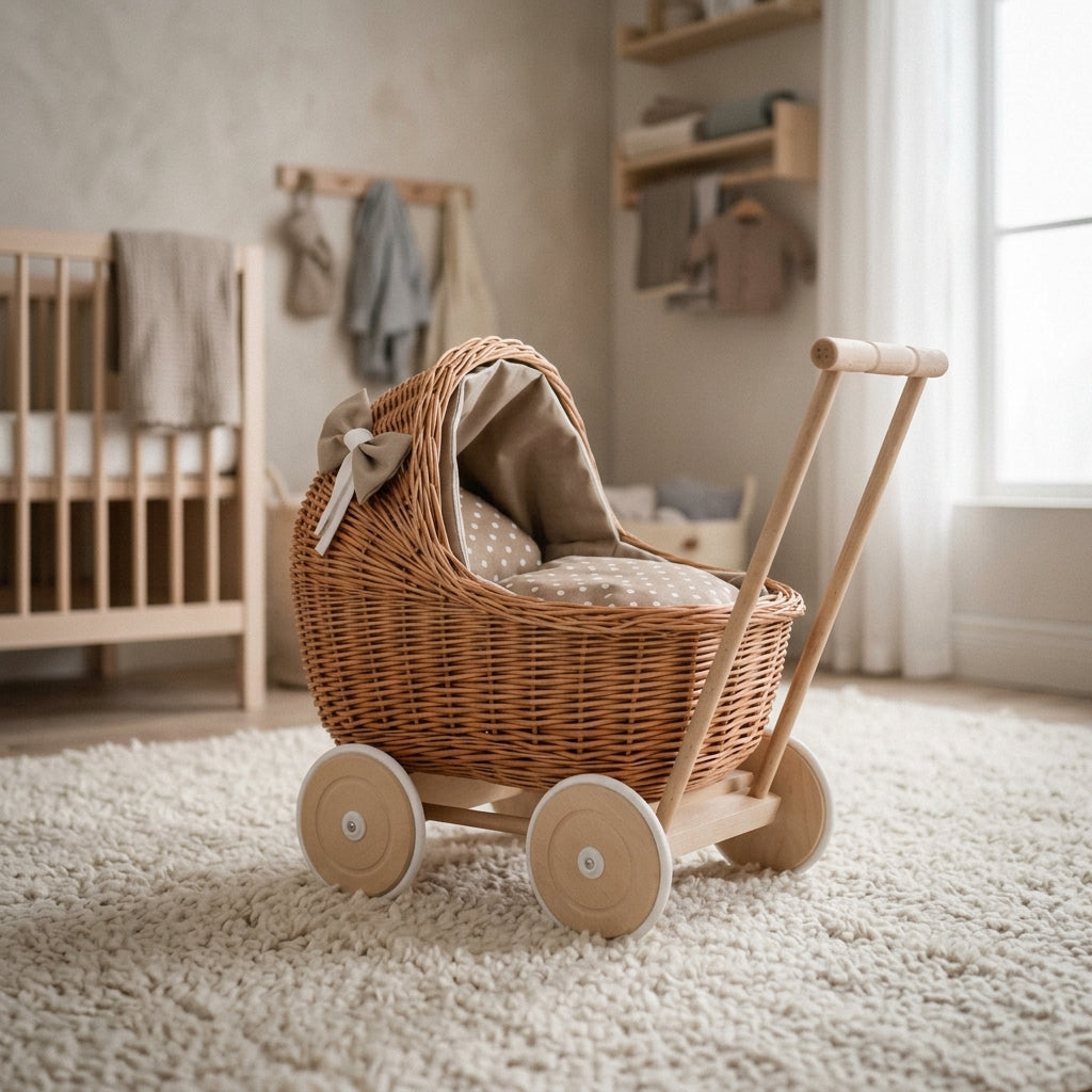 Wicker doll stroller — Cozy Nursery Lifestyle | Generated by Modelize