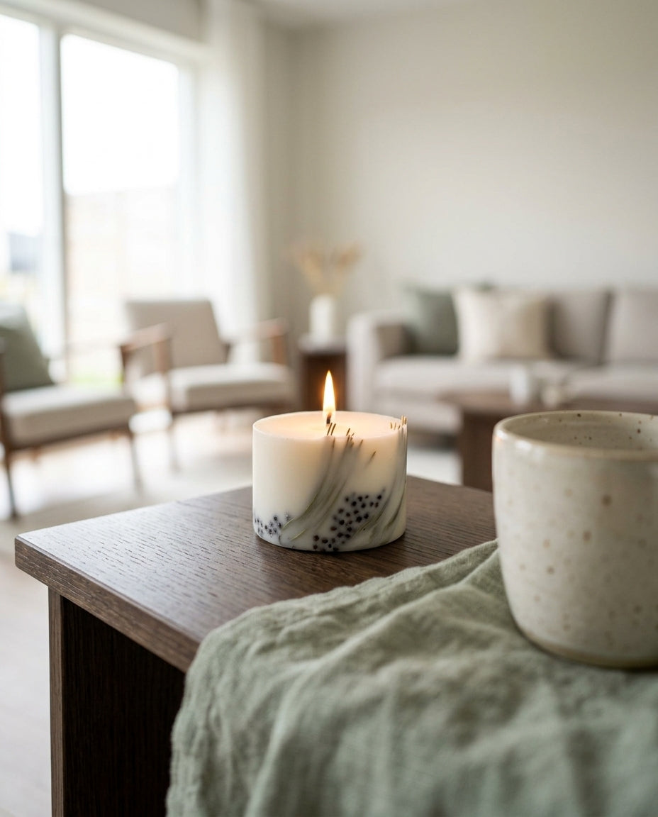 Handmade Scented Candle — Cozy Living Room Scene | Generated by Modelize