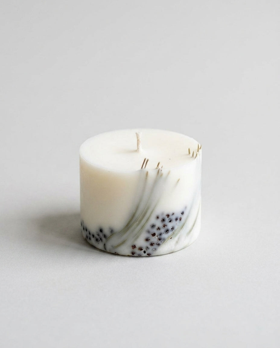 Soy wax pillar candle — Minimalist Studio Packshot | Generated by Modelize